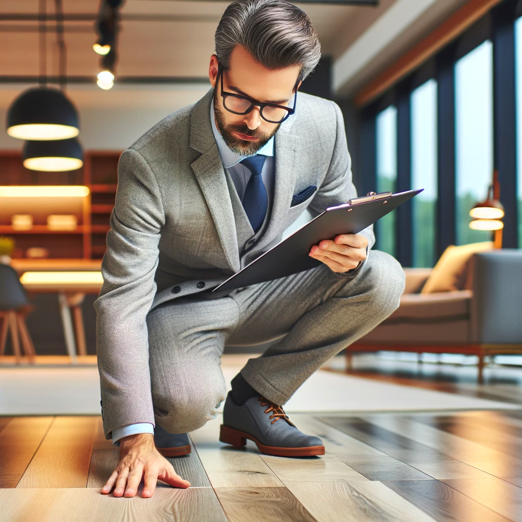 Man with glasses inspecting a carpet